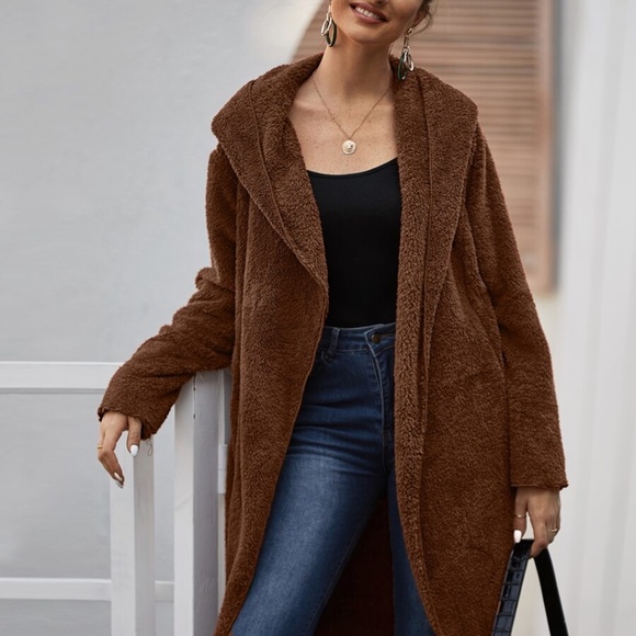 Olive oversized Open Front Hoodie jacket teddy - Picture 4 of 11